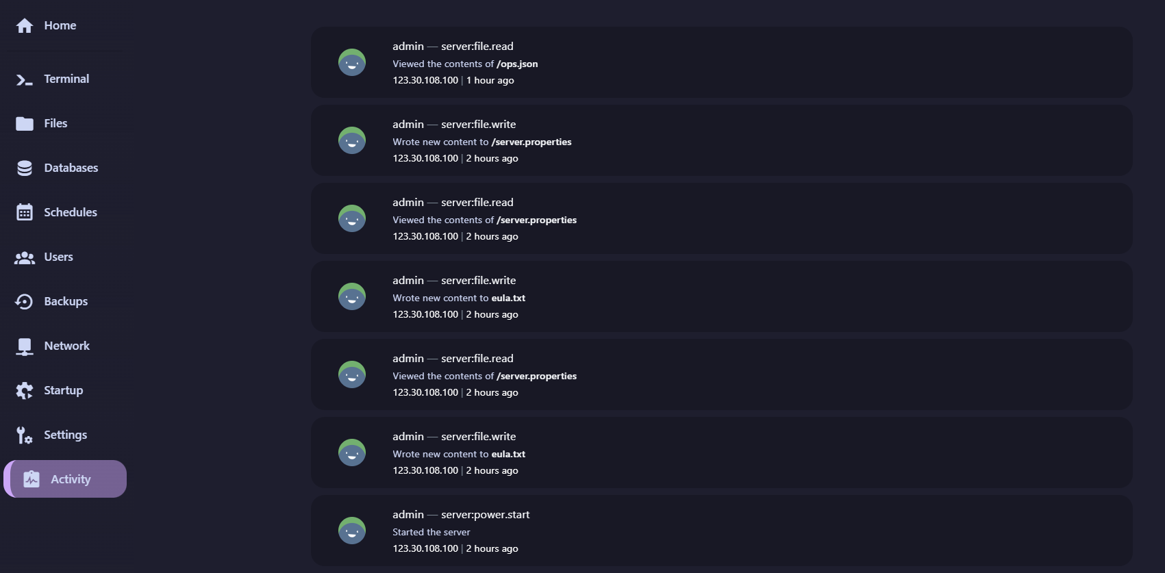 Giao diện cũ - xem nhật ký thao tác server